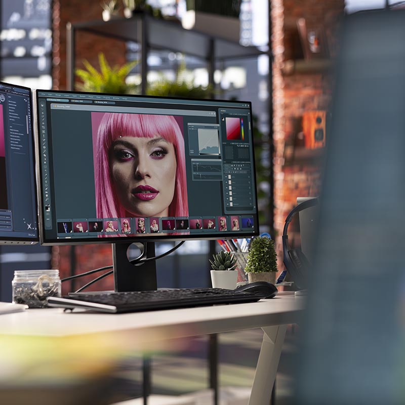 Modern office workspace equipped for digital design and photo editing